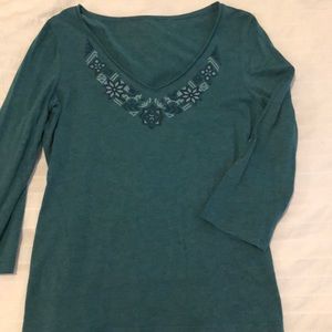 Garnet Hill Teal top with embroidered neck detail